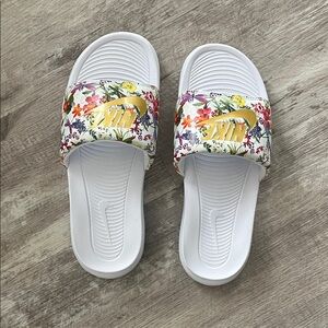 Nike White Floral Slides with Gold Logo